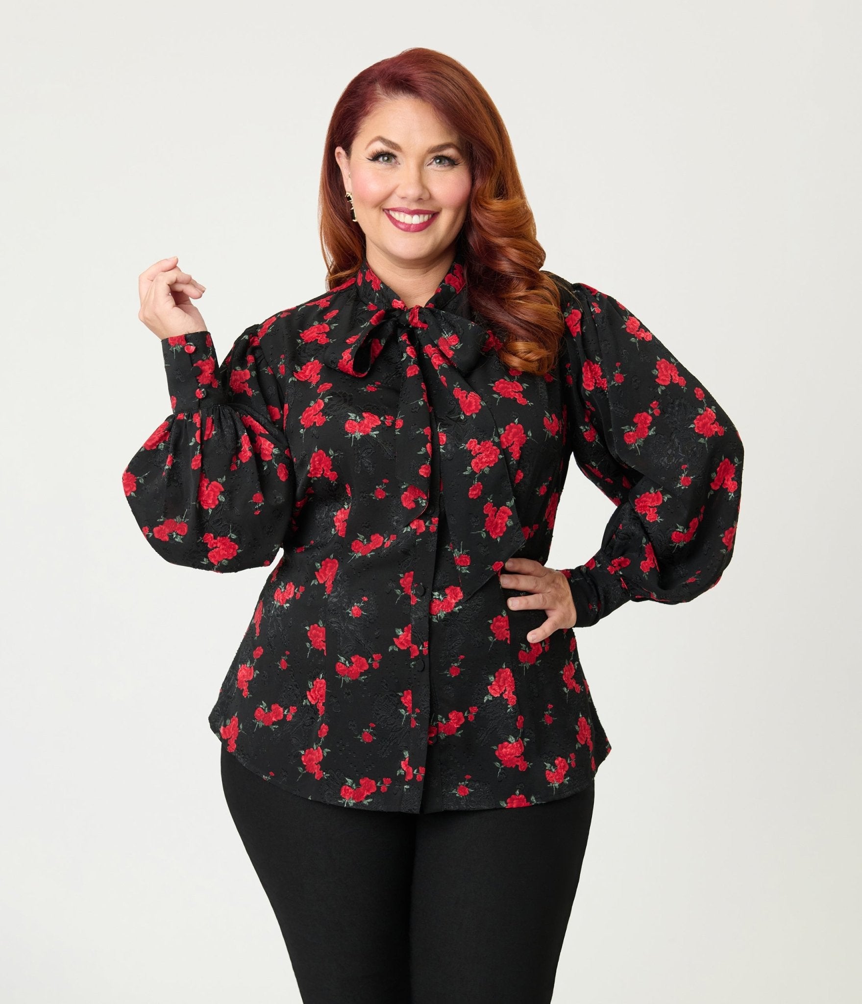 Unique Vintage Plus Size Black & Red Roses Long Sleeve Gwen Blouse