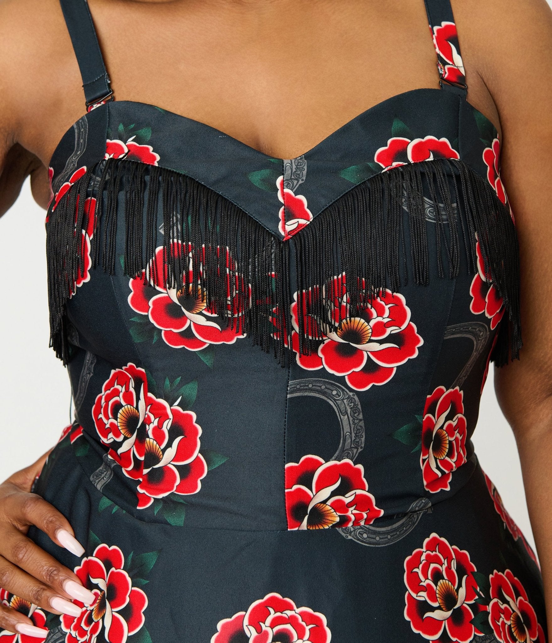 Unique Vintage Plus Size Black & Rose Print Fringe Girlie Swing Dress Unique Vintage Plus Size Black & Rose Print Fringe Girlie Swing Dress