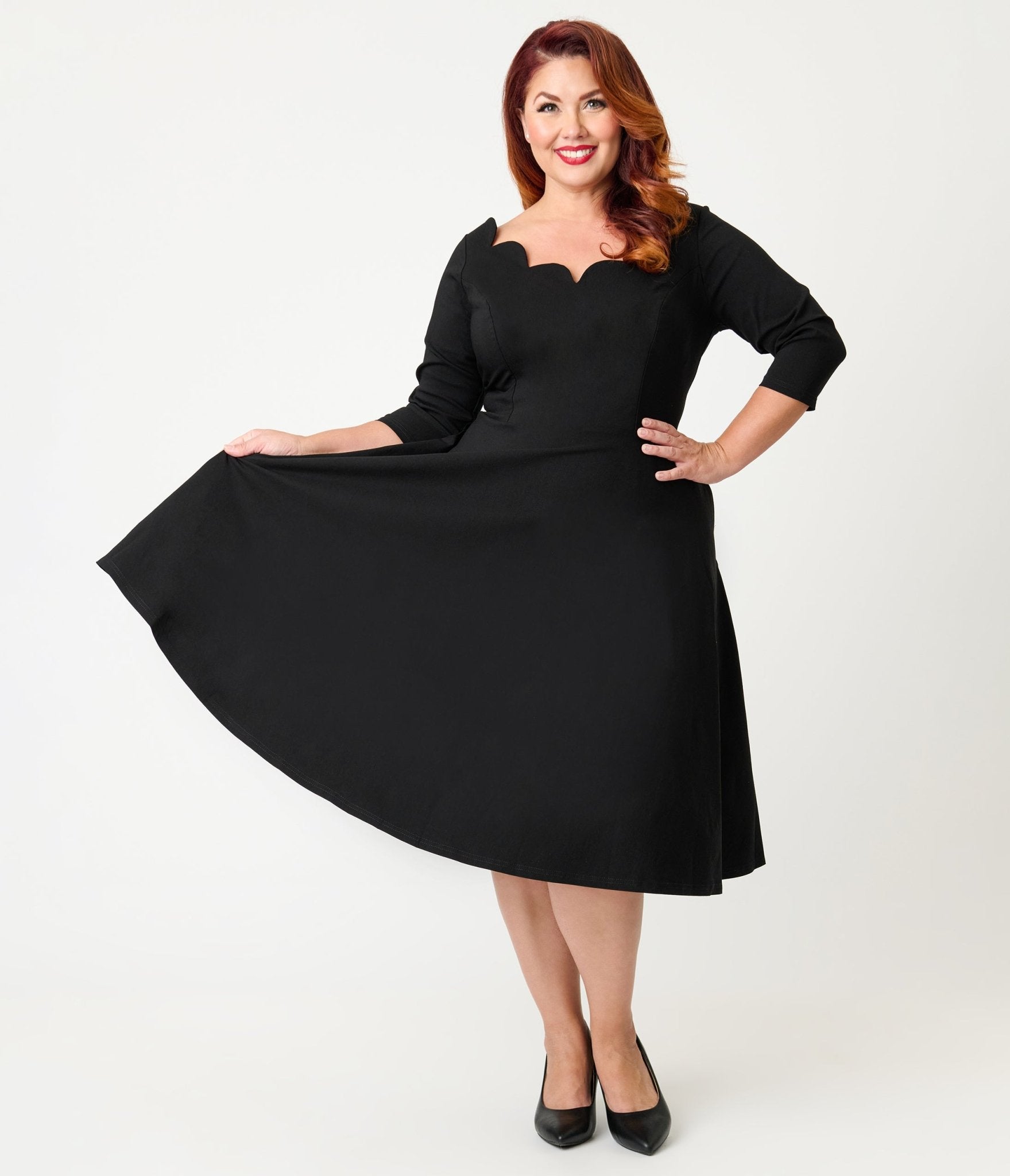 Unique Vintage Plus Size Black Scalloped Neck Swing Dress