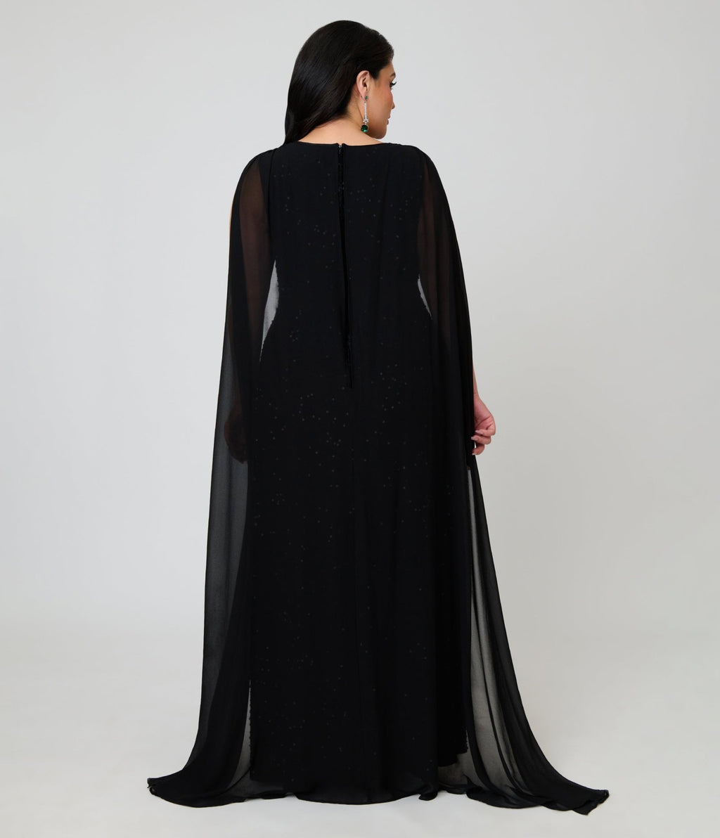 Unique Vintage Plus Size Black Sequin Cape Gown - Unique Vintage -