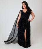Unique Vintage Plus Size Black Sequin Cape Gown - Unique Vintage -