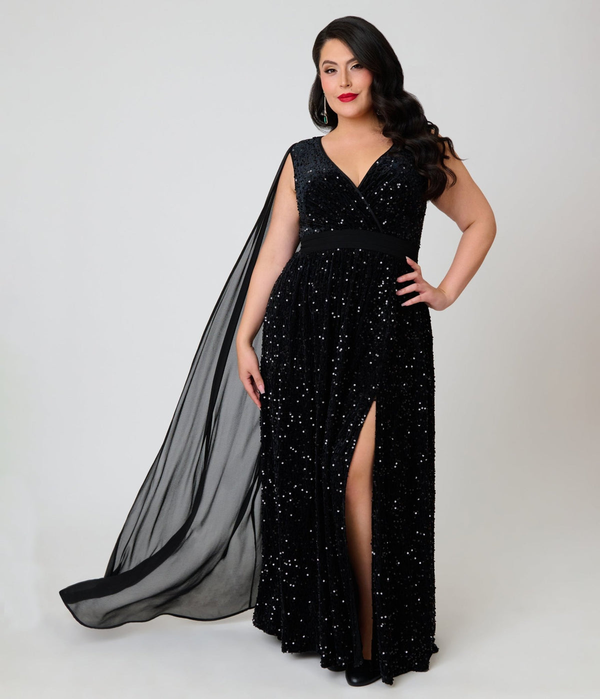 Unique Vintage Plus Size Black Sequin Cape Gown - Unique Vintage -