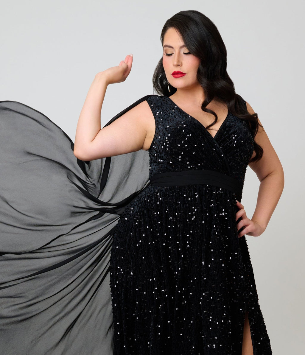 Unique Vintage Plus Size Black Sequin Cape Gown - Unique Vintage -