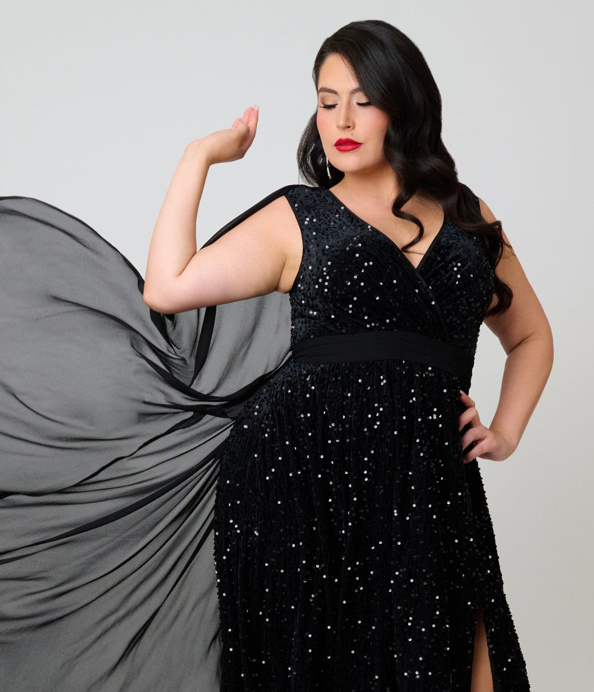 Unique Vintage Plus Size Black Sequin Cape Gown - Unique Vintage -
