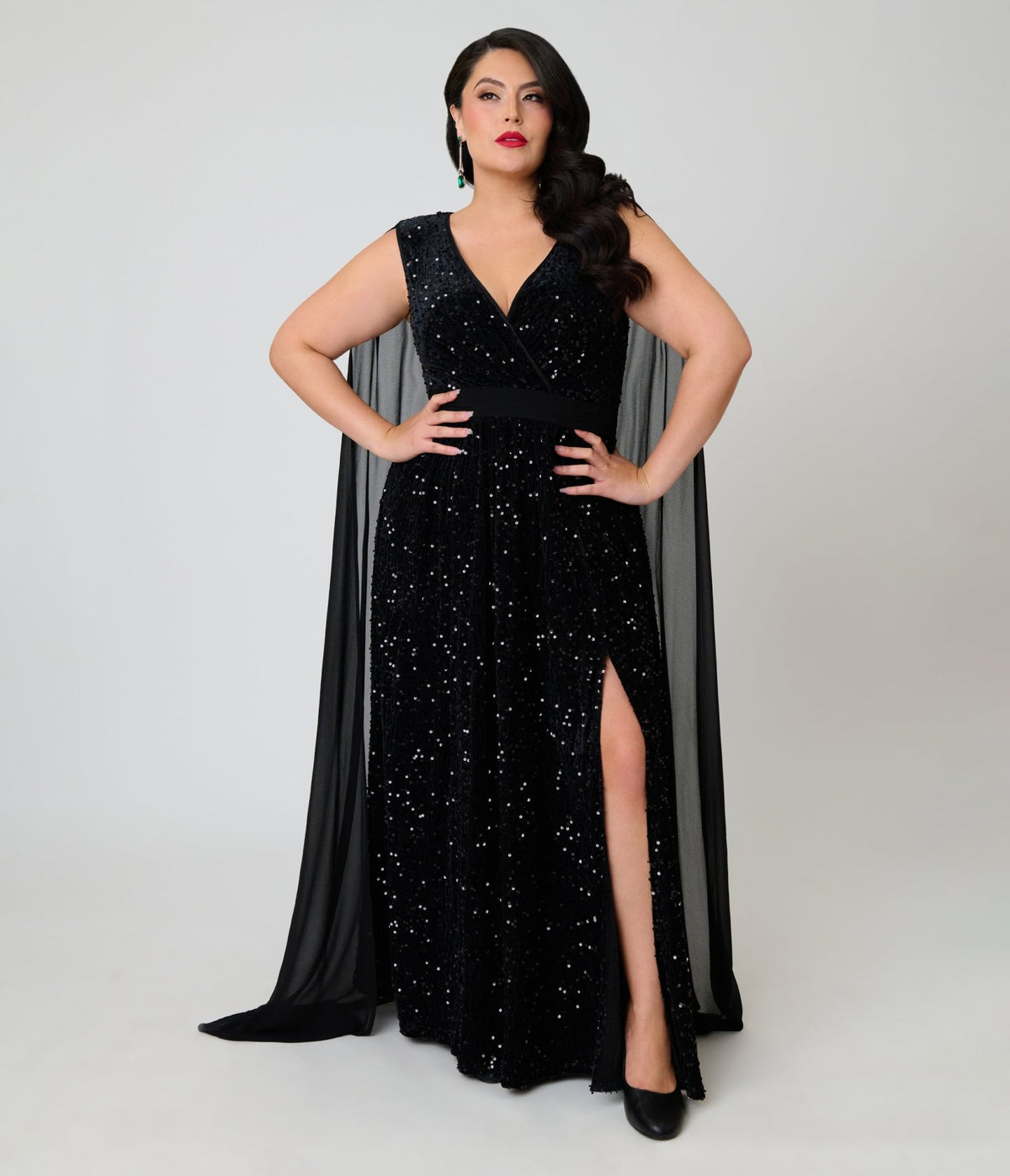 Unique Vintage Plus Size Black Sequin Cape Gown - Unique Vintage -