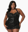 Unique Vintage Plus Size Black Sequin Halter Corinne Swim Dress