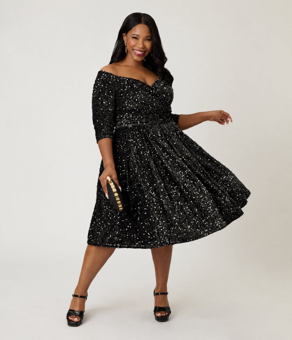 Unique Vintage Plus Size Black Sequin Marceline Swing Dress - Unique Vintage - Swing Dress