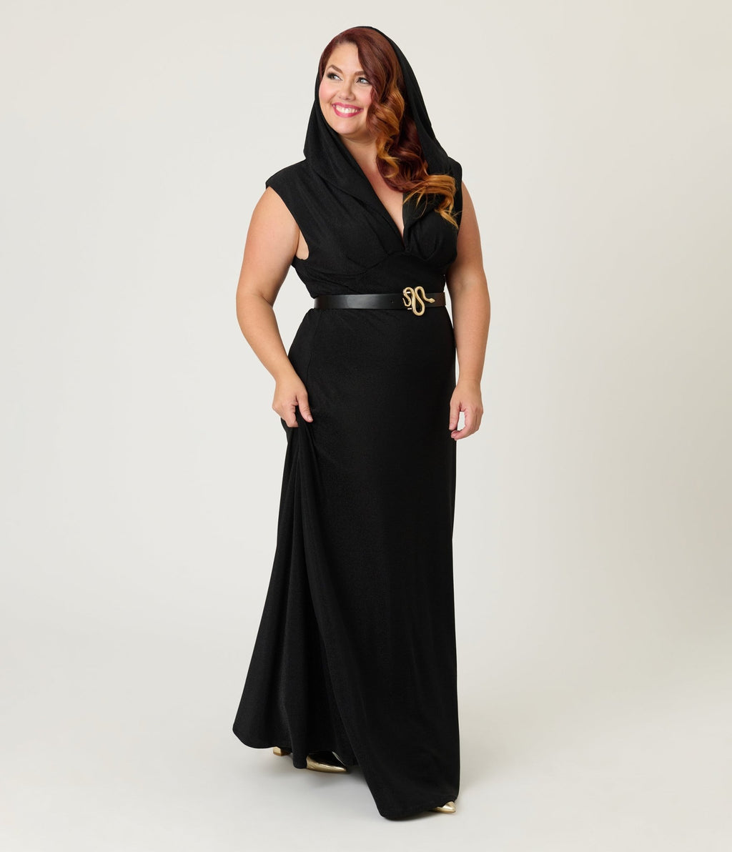 Unique Vintage Plus Size Black Shimmer Snake Hooded Maxi Dress