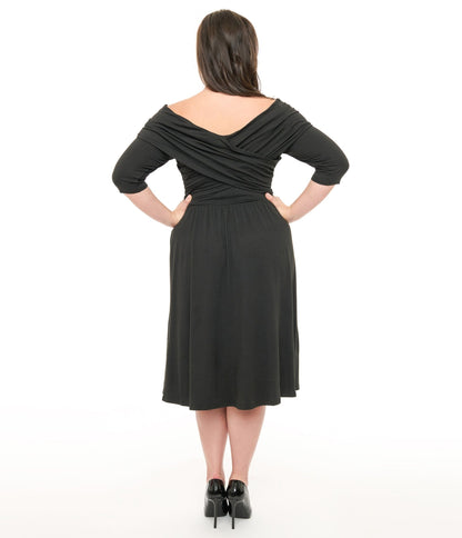 Unique Vintage Plus Size Black Shirred Off Shoulder Swing Dress - Unique Vintage - Womens, DRESSES, SWING