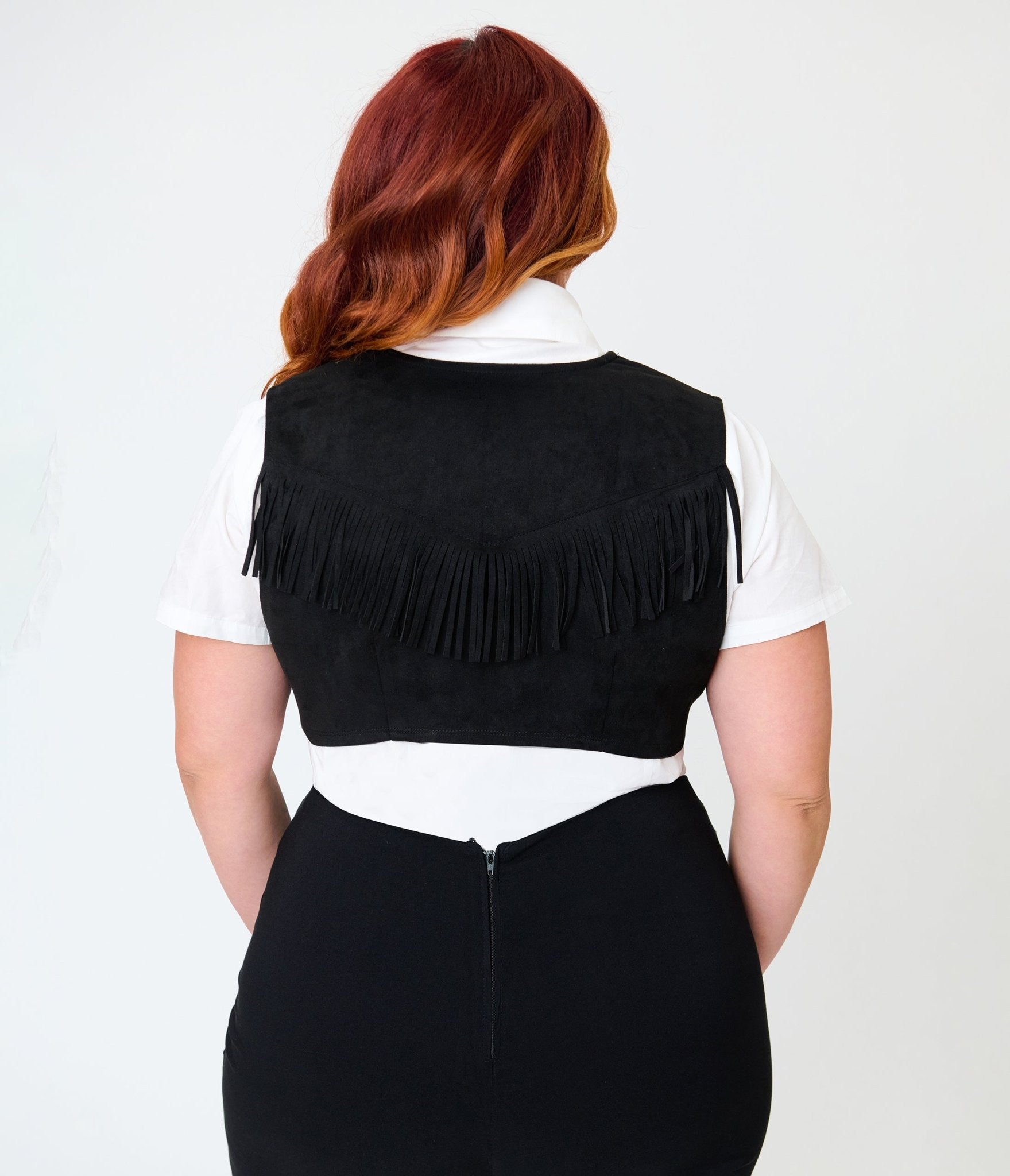 Unique Vintage Plus Size Black & Silver Rhinestone Star Suede Fringe Vest - Unique Vintage - Womens, TOPS, OUTERWEAR
