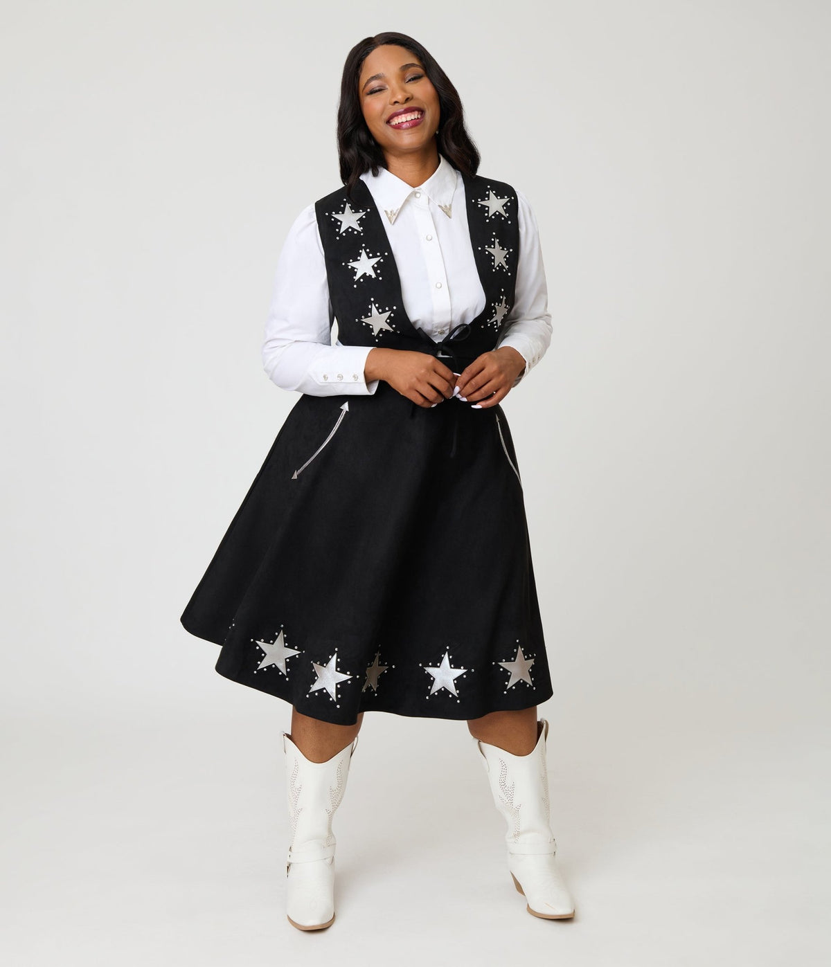 Unique Vintage Plus Size Black & Silver Rhinestone Stars Western Suede Swing Skirt - Unique Vintage - Womens, BOTTOMS, SKIRTS