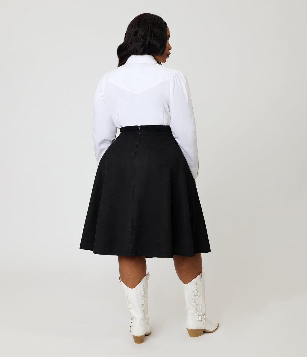 Unique Vintage Plus Size Black & Silver Rhinestone Stars Western Suede Swing Skirt - Unique Vintage - Womens, BOTTOMS, SKIRTS