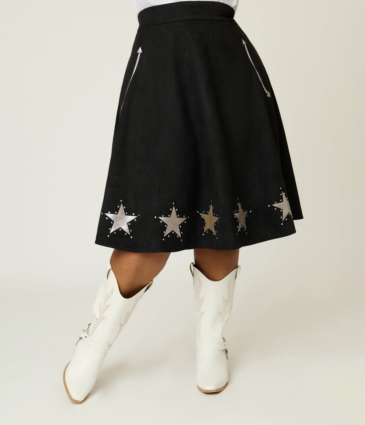 Unique Vintage Plus Size Black & Silver Rhinestone Stars Western Suede Swing Skirt - Unique Vintage - Womens, BOTTOMS, SKIRTS