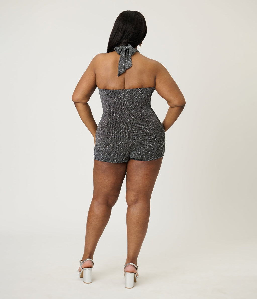 Unique Vintage Plus Size Black & Silver Shimmer Romper & Sarong Set - Unique Vintage - Womens, BOTTOMS, ROMPERS AND JUMPSUITS
