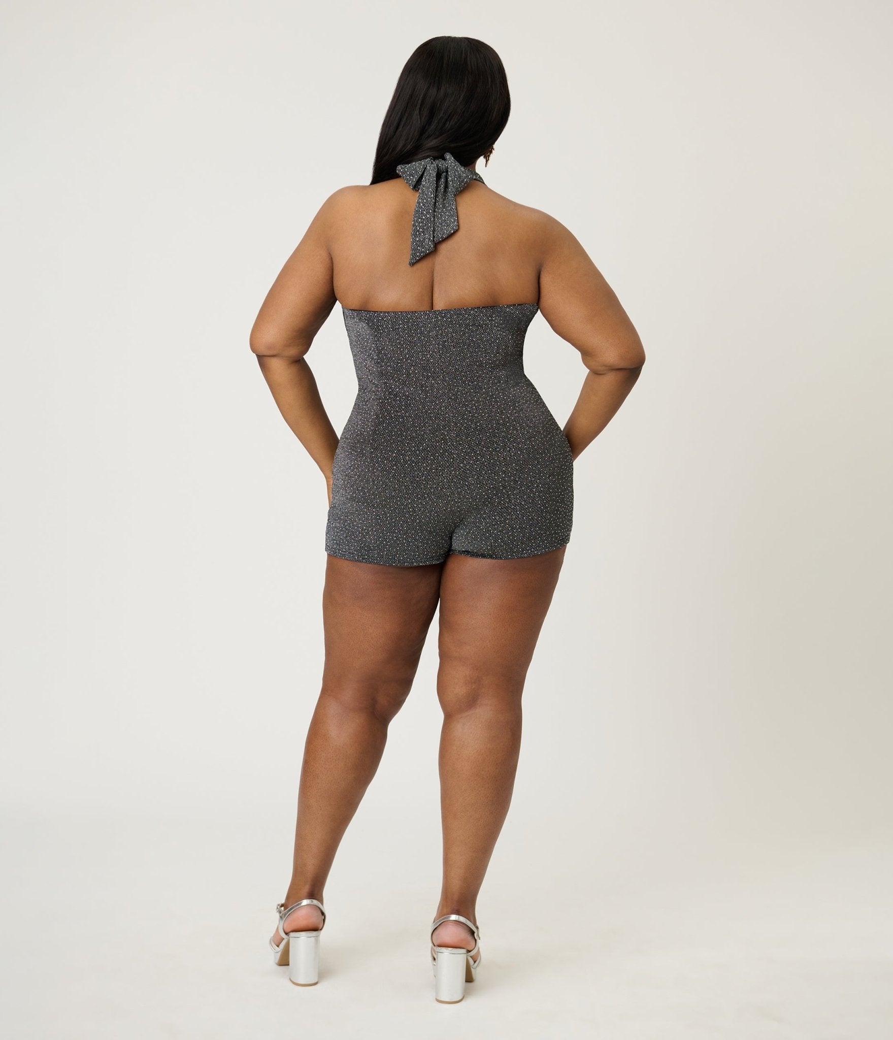 Unique Vintage Plus Size Black & Silver Shimmer Romper & Sarong Set - Unique Vintage - Womens, BOTTOMS, ROMPERS AND JUMPSUITS
