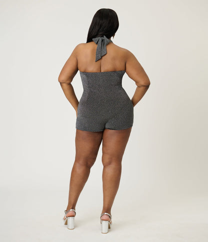 Unique Vintage Plus Size Black & Silver Shimmer Romper & Sarong Set - Unique Vintage - Womens, BOTTOMS, ROMPERS AND JUMPSUITS