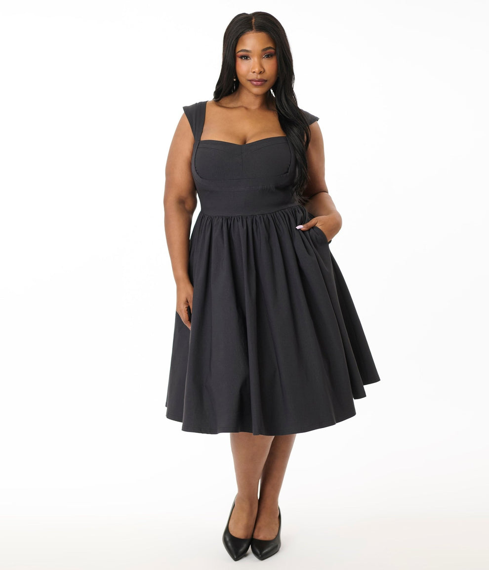 Unique Vintage Plus Size Black Sleeveless Swing Dress