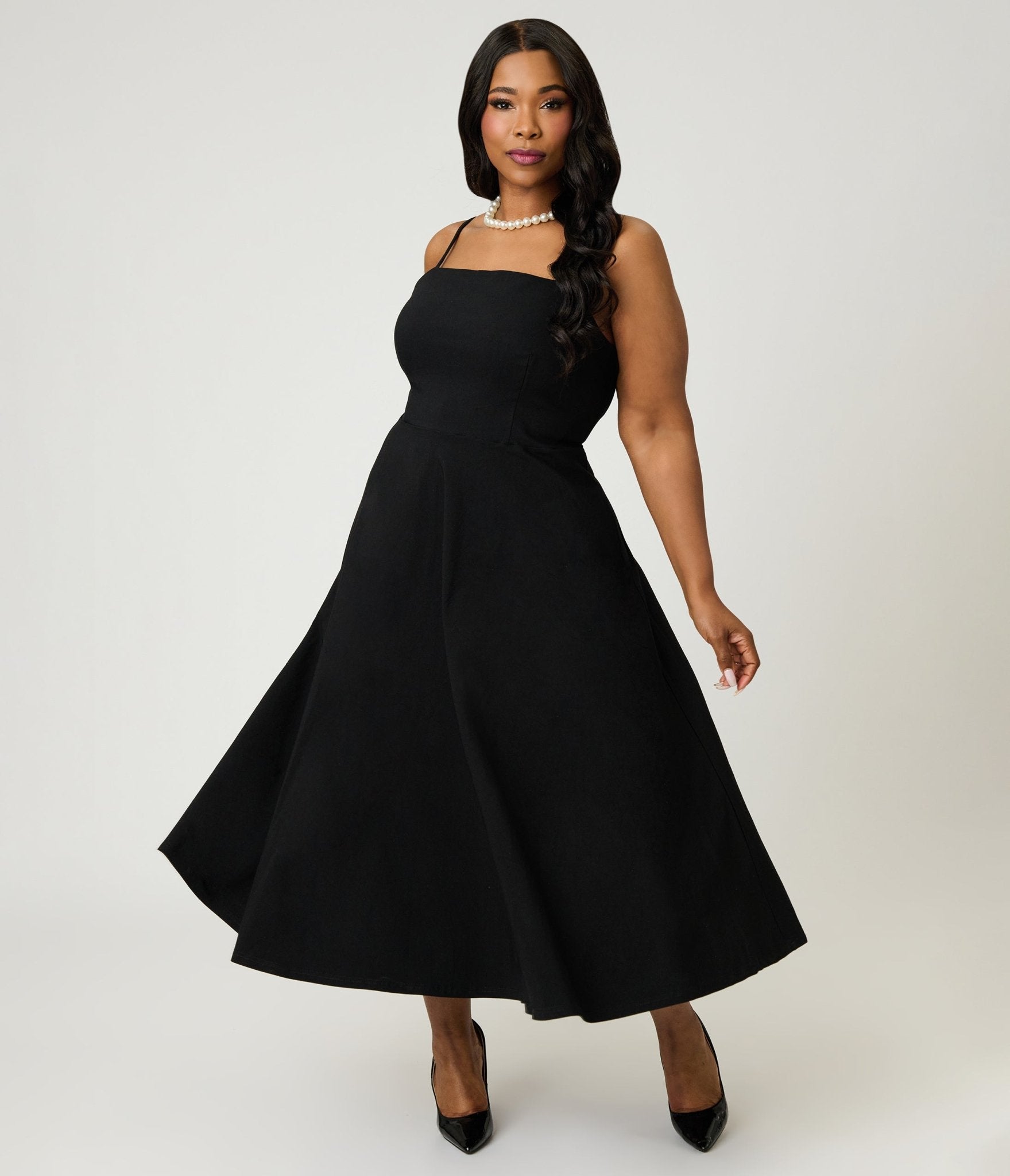 Unique Vintage Plus Size Black Spaghetti Strap Midi Dress