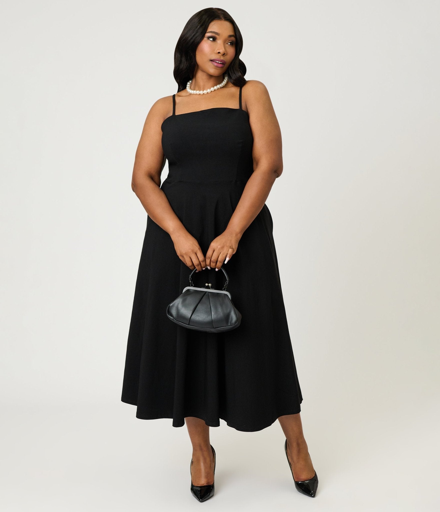 Unique Vintage Plus Size Black Spaghetti Strap Midi Dress