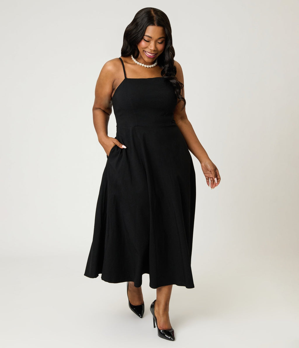 Unique Vintage Plus Size Black Spaghetti Strap Midi Dress - Unique Vintage - Womens, DRESSES, SWING