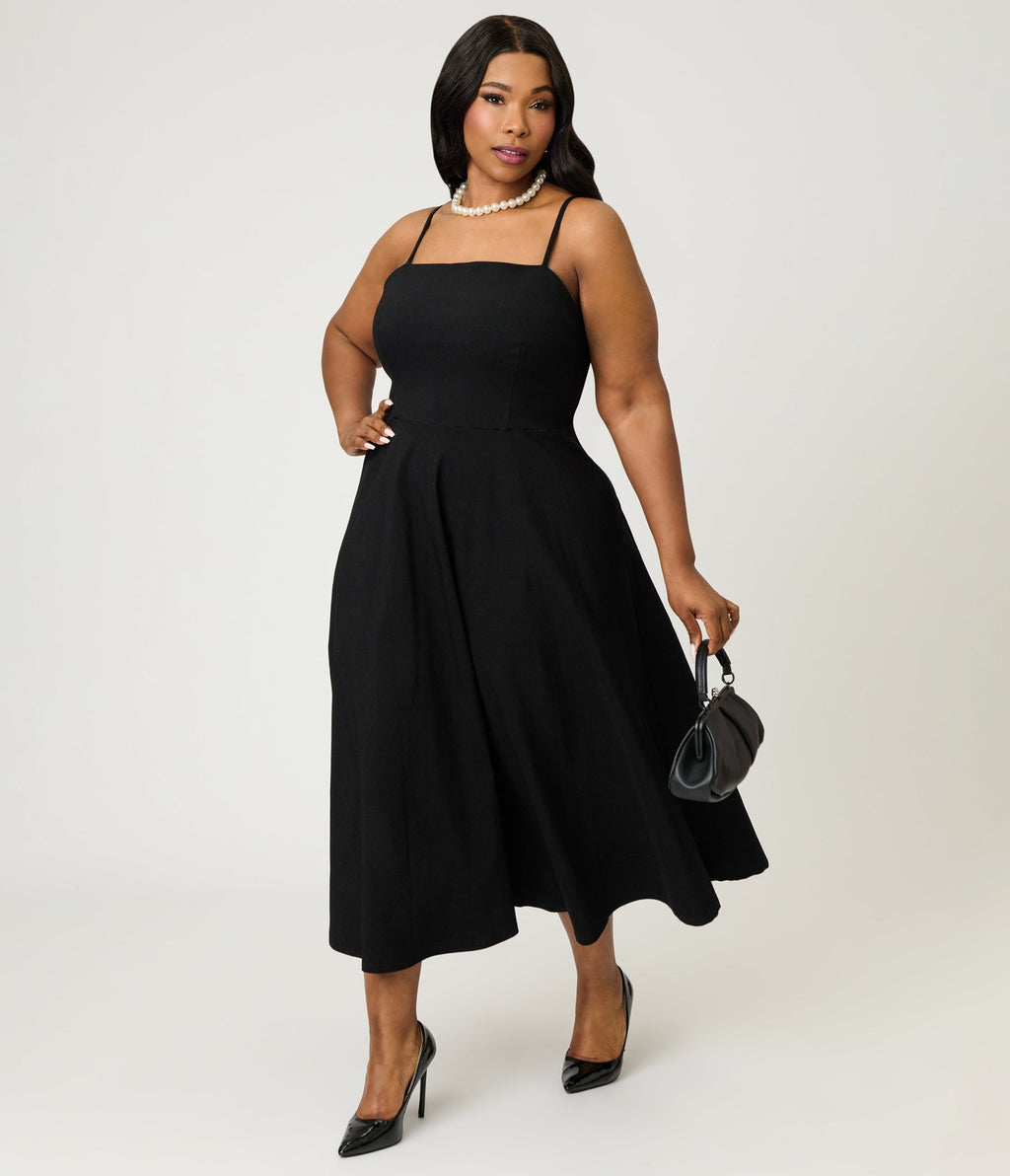 Unique Vintage Plus Size Black Spaghetti Strap Midi Dress - Unique Vintage - Womens, DRESSES, SWING