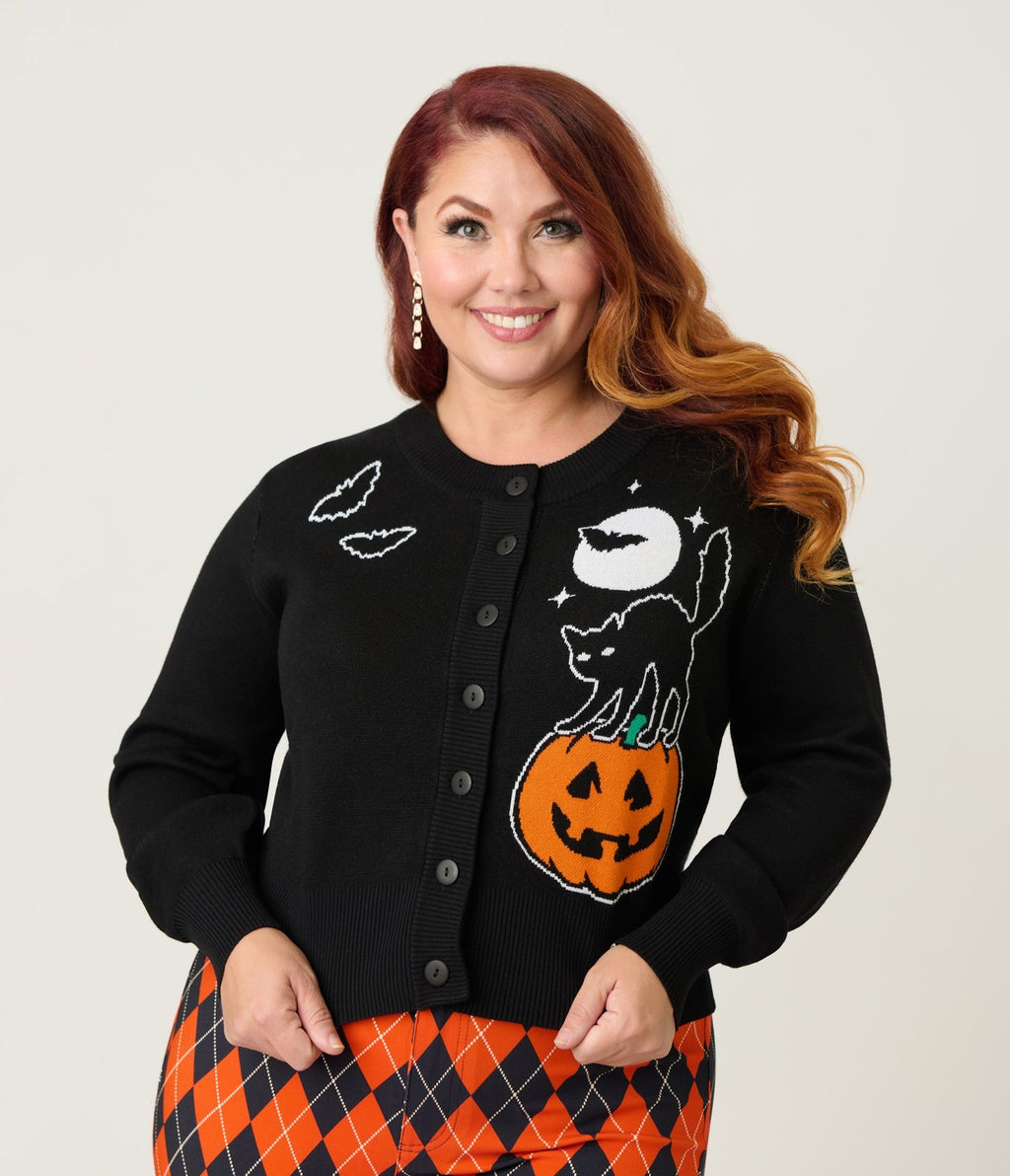 Unique Vintage Plus Size Black Spooky Cat Cropped Cardigan - Unique Vintage - Womens, TOPS, SWEATERS