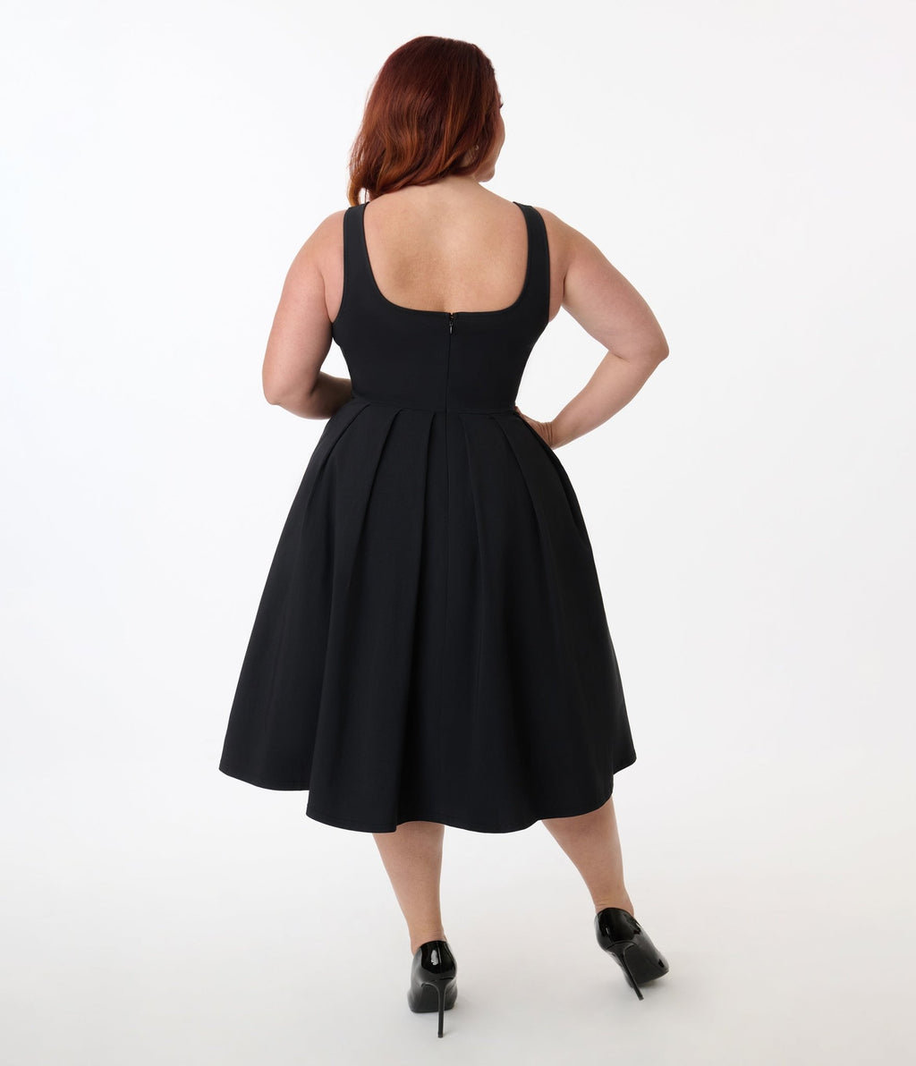Unique Vintage Plus Size Black Square Neck Pleated Swing Dress Unique Vintage Plus Size Black Square Neck Pleated Swing Dress