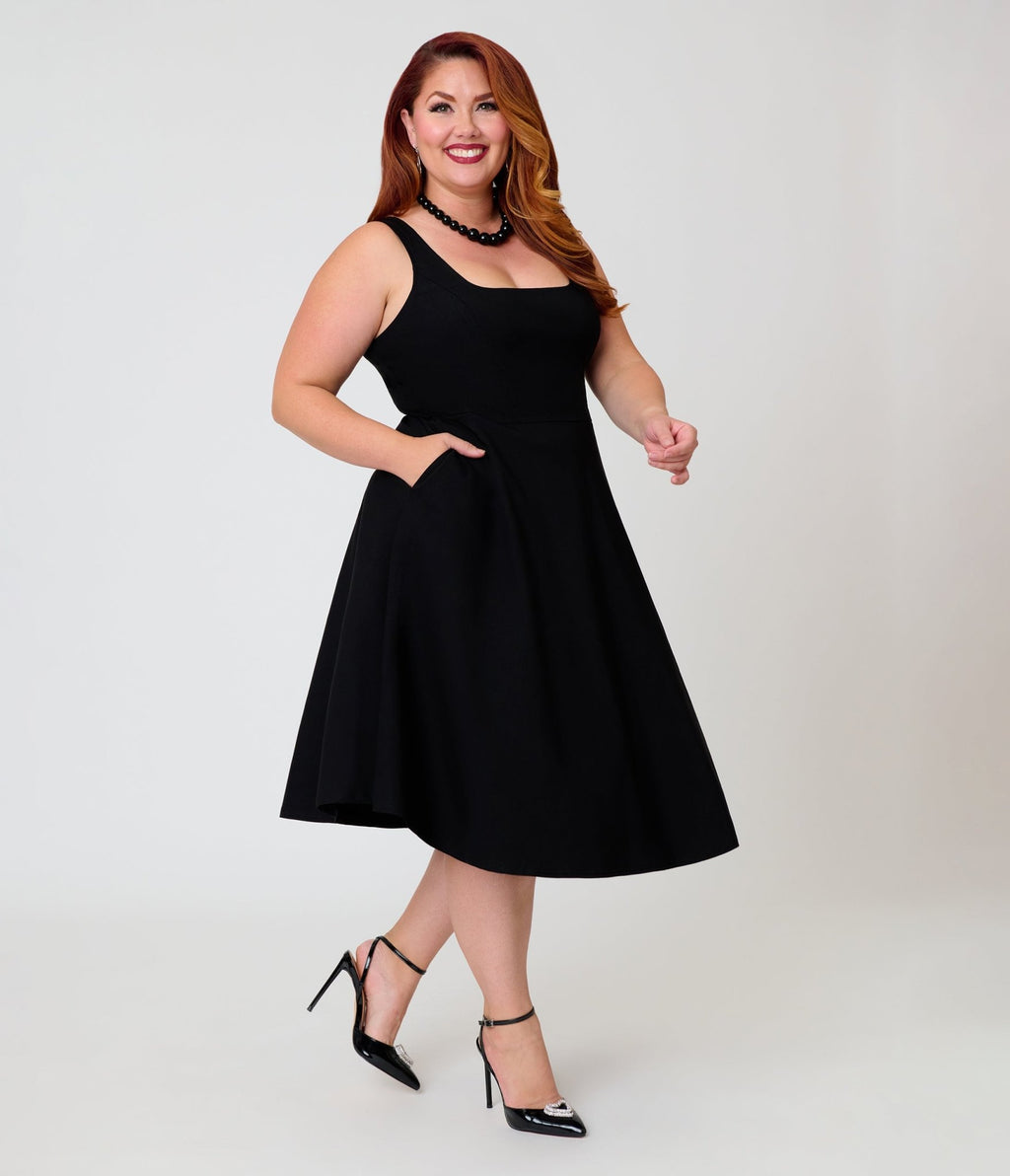 Unique Vintage Plus Size Black Square Neck Pleated Swing Dress - Unique Vintage - Womens, DRESSES, SWING