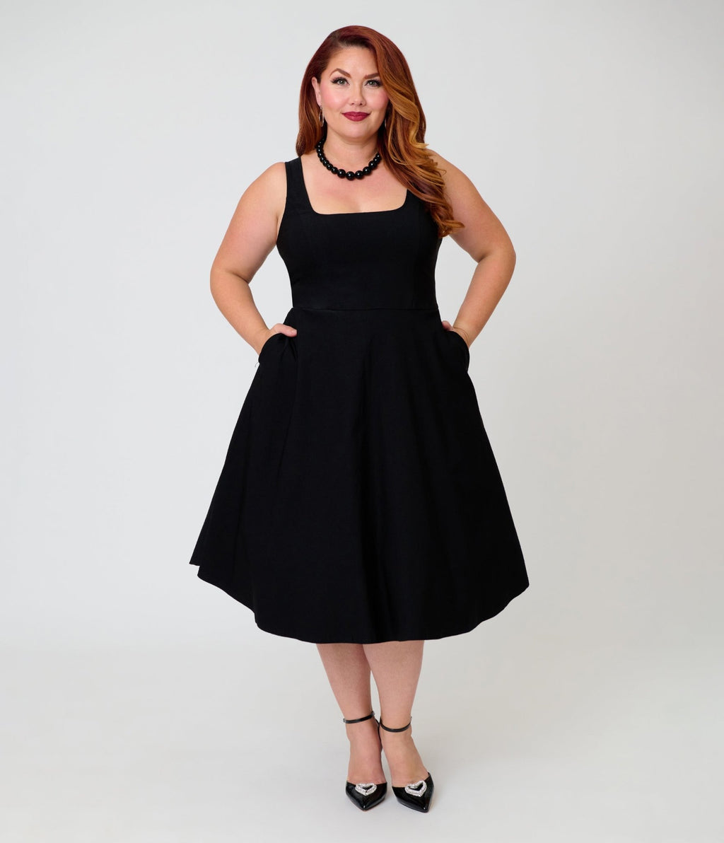 Unique Vintage Plus Size Black Square Neck Pleated Swing Dress - Unique Vintage - Womens, DRESSES, SWING