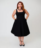 Unique Vintage Plus Size Black Square Neck Pleated Swing Dress - Unique Vintage - Womens, DRESSES, SWING