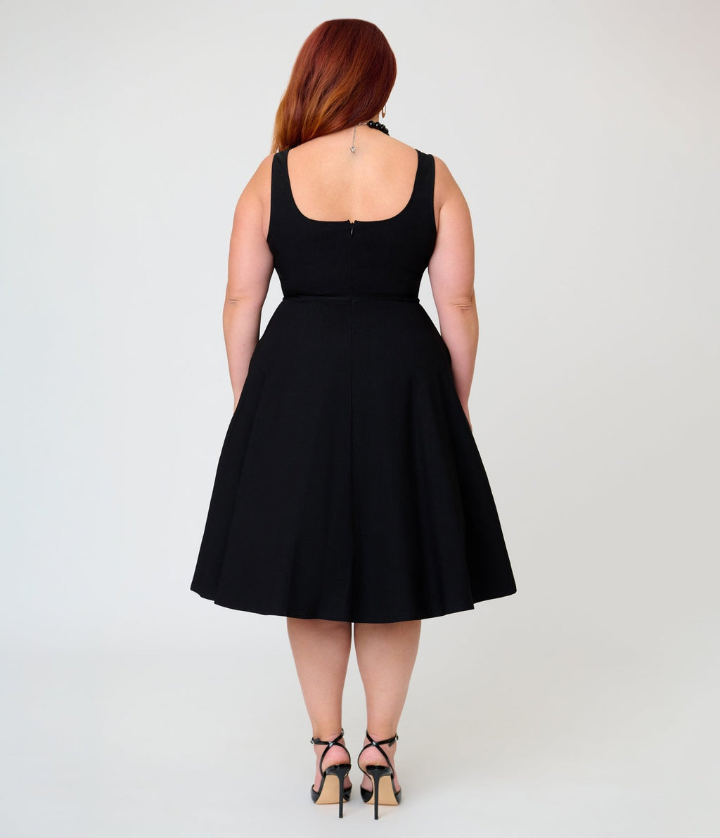 Unique Vintage Plus Size Black Square Neck Pleated Swing Dress - Unique Vintage - Womens, DRESSES, SWING