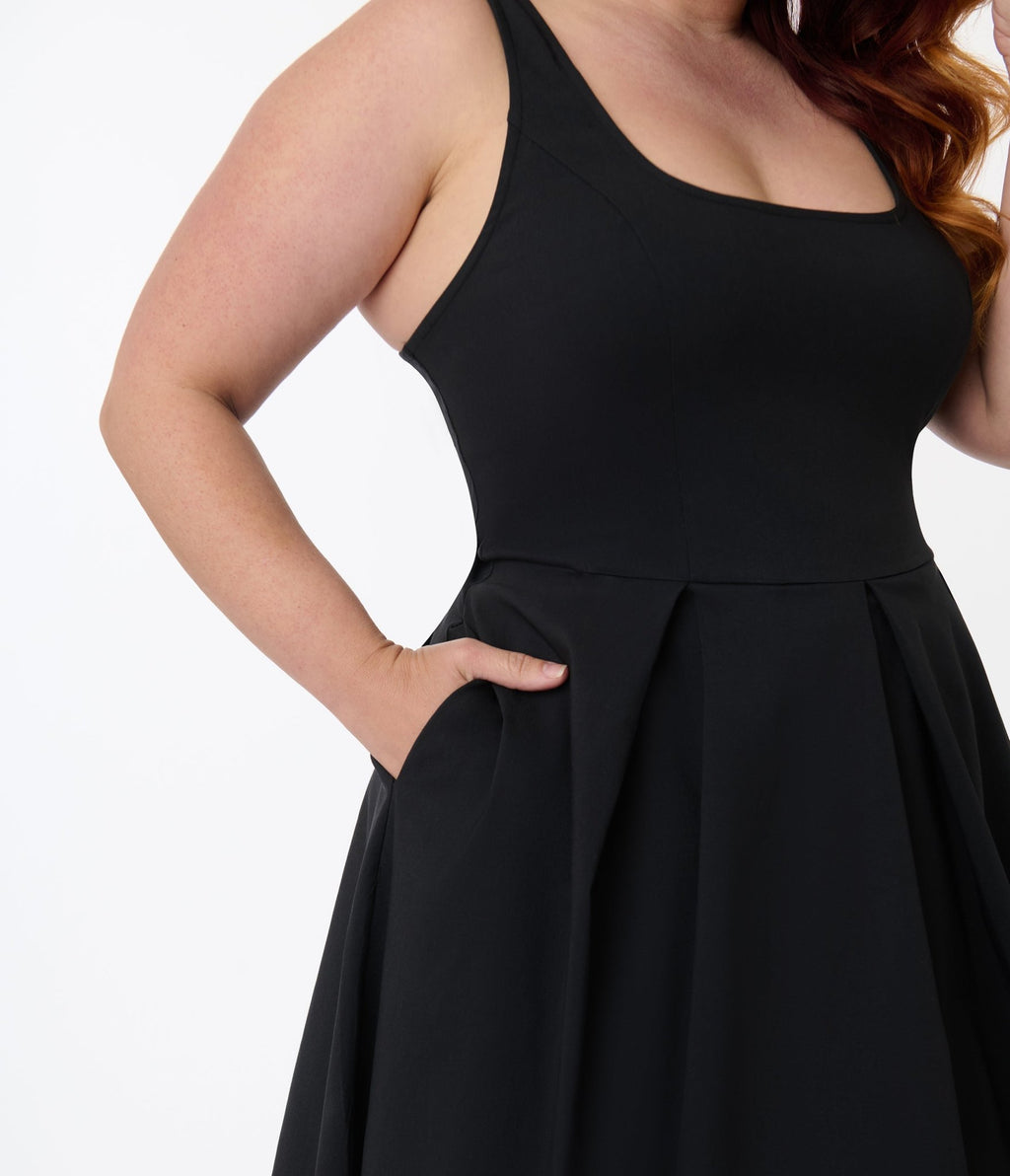 Unique Vintage Plus Size Black Square Neck Pleated Swing Dress - Unique Vintage - Womens, DRESSES, SWING