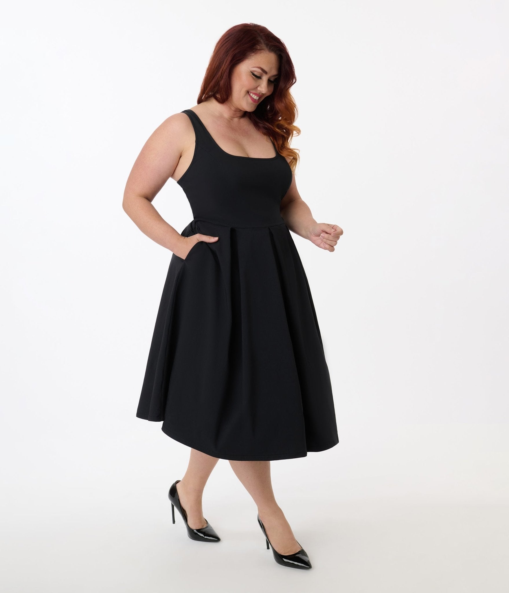 Unique Vintage Plus Size Black Square Neck Pleated Swing Dress - Unique Vintage - Womens, DRESSES, SWING