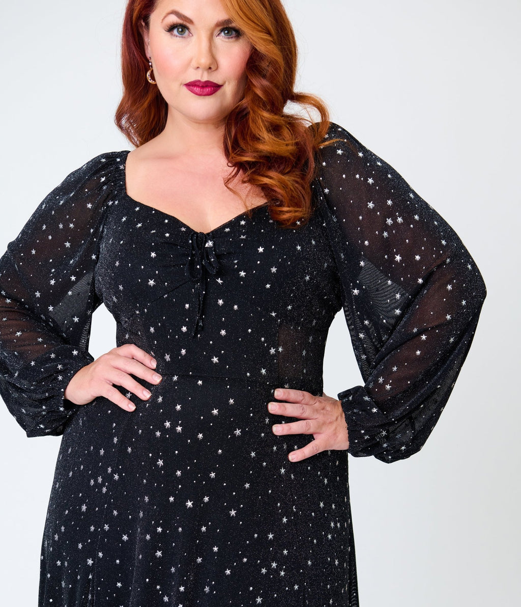 Unique Vintage Plus Size Black & Star Print Long Sleeve Tara Maxi Dress - Unique Vintage - Womens, DRESSES, MAXI