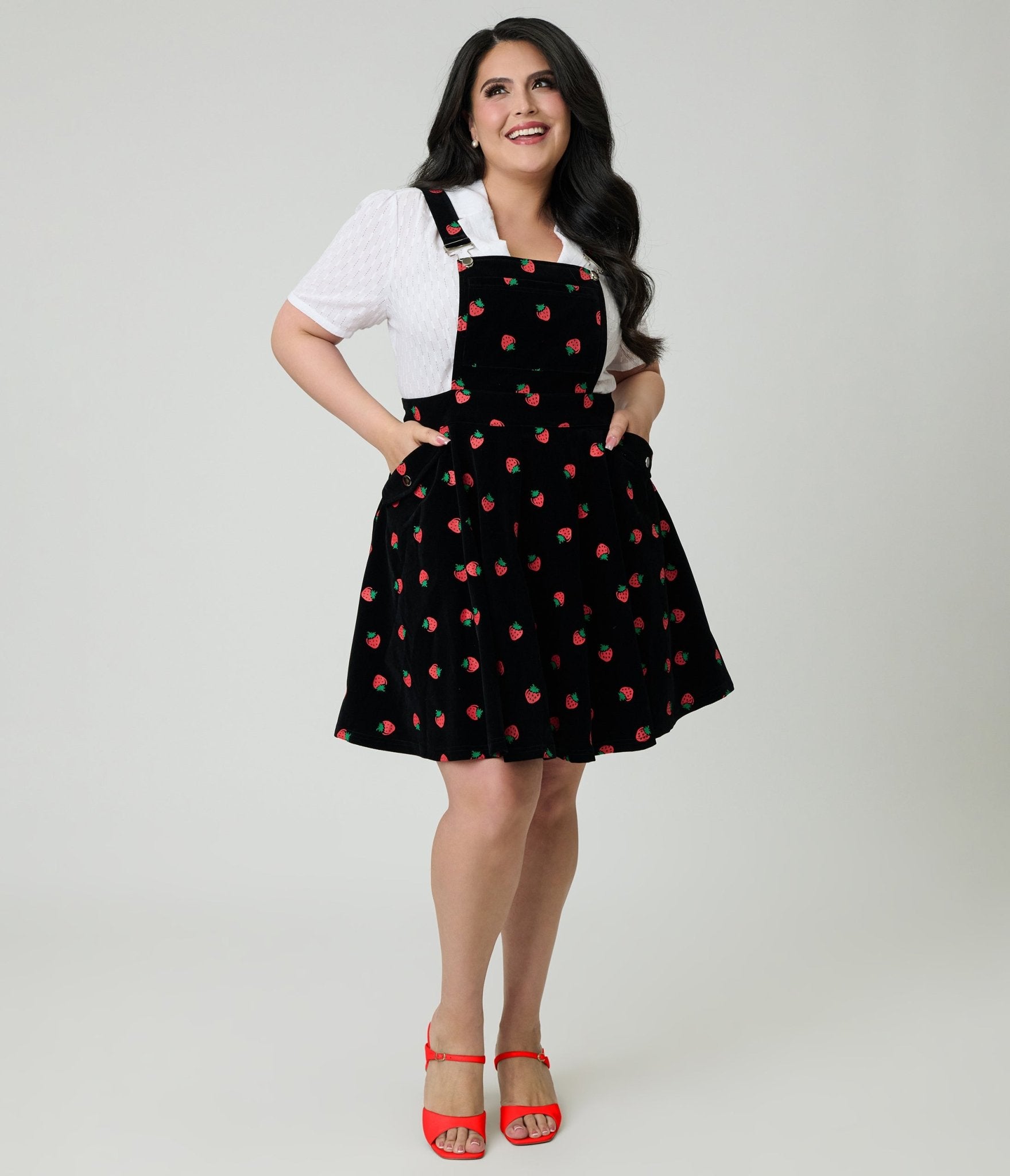 Unique Vintage Plus Size Black & Strawberries Brionne Pinafore Skirt