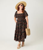 Unique Vintage Plus Size Black & Strawberry Print Smocked Bodice Midi Dress - Unique Vintage - Womens, DRESSES, MIDI