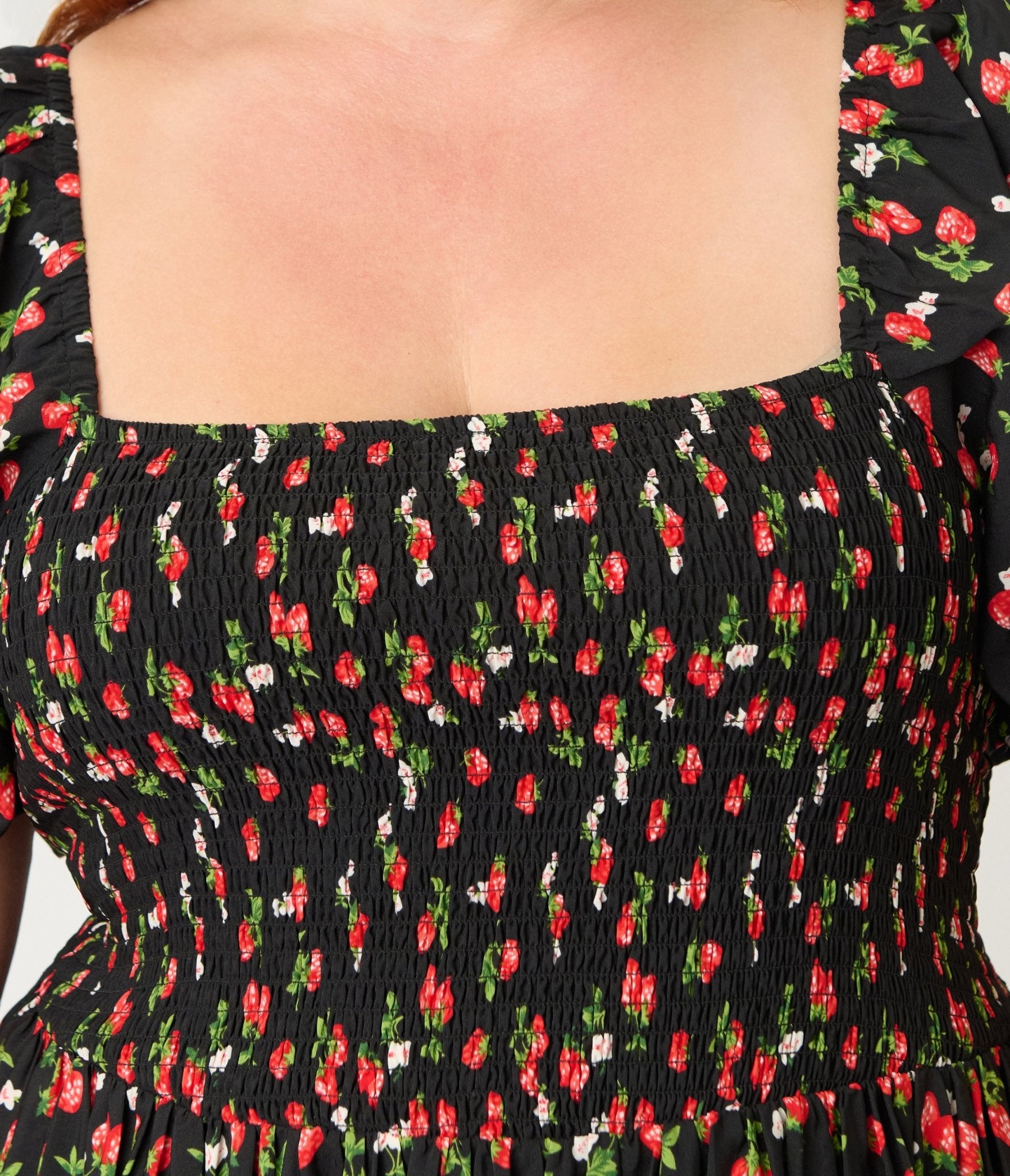 Unique Vintage Plus Size Black & Strawberry Print Smocked Bodice Midi Dress - Unique Vintage - Womens, DRESSES, MIDI