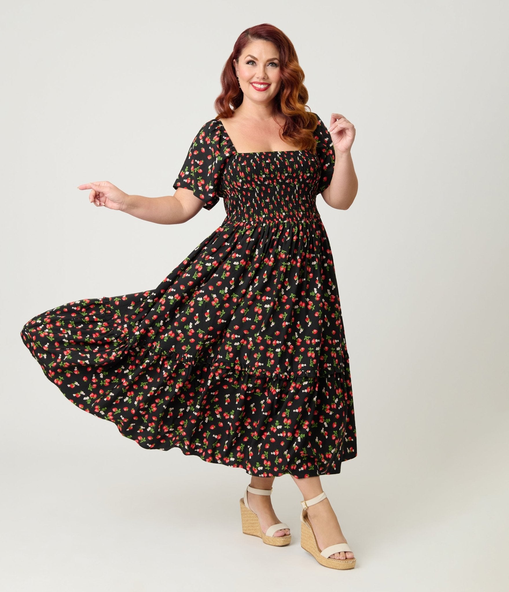 Unique Vintage Plus Size Black & Strawberry Print Smocked Bodice Midi Dress - Unique Vintage - Womens, DRESSES, MIDI