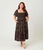 Unique Vintage Plus Size Black & Strawberry Print Smocked Bodice Midi Dress - Unique Vintage - Womens, DRESSES, MIDI