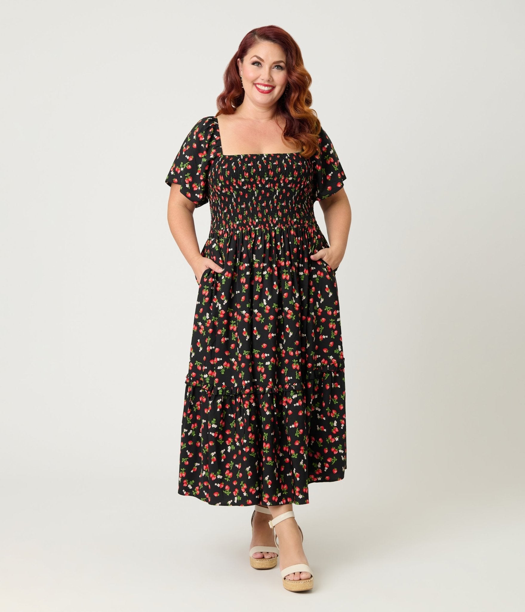 Unique Vintage Plus Size Black & Strawberry Print Smocked Bodice Midi Dress - Unique Vintage - Womens, DRESSES, MIDI