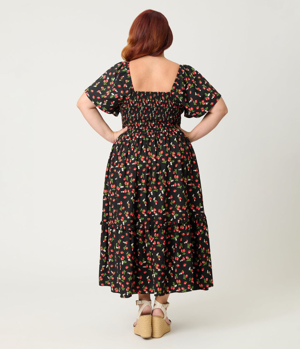 Unique Vintage Plus Size Black & Strawberry Print Smocked Bodice Midi Dress - Unique Vintage - Womens, DRESSES, MIDI