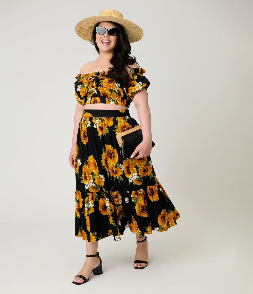 Unique Vintage Plus Size Black Sunflower Ruffle Up Crop Top - Unique Vintage - Womens, TOPS, WOVEN TOPS