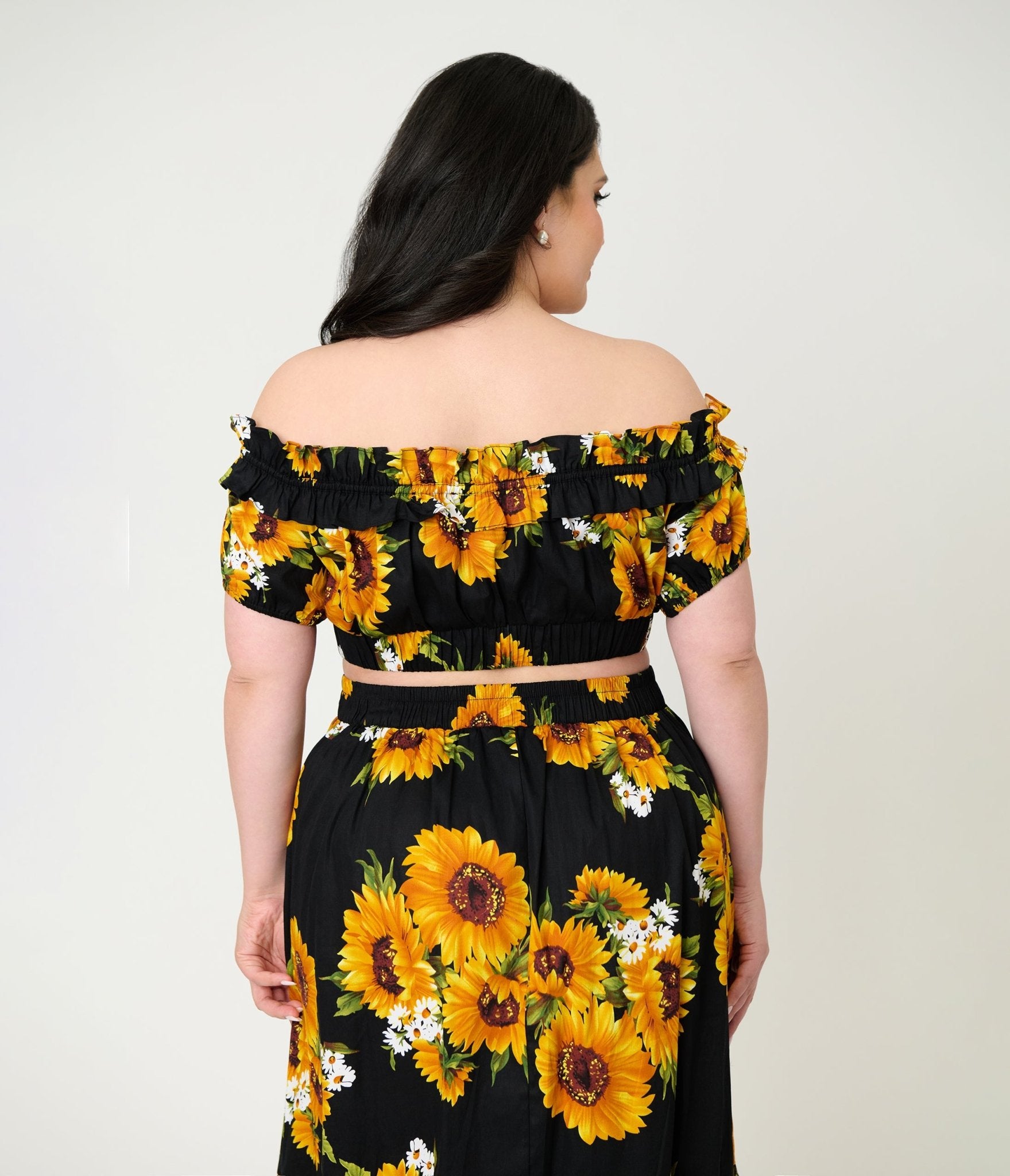 Unique Vintage Plus Size Black Sunflower Ruffle Up Crop Top