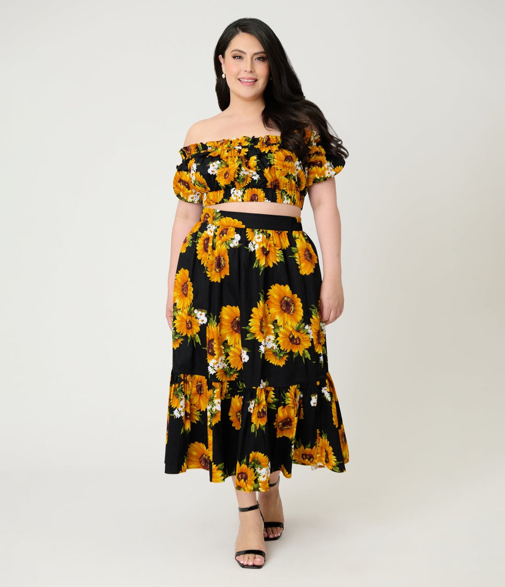 Unique Vintage Plus Size Black Sunflower Ruffle Up Crop Top - Unique Vintage - Womens, TOPS, WOVEN TOPS