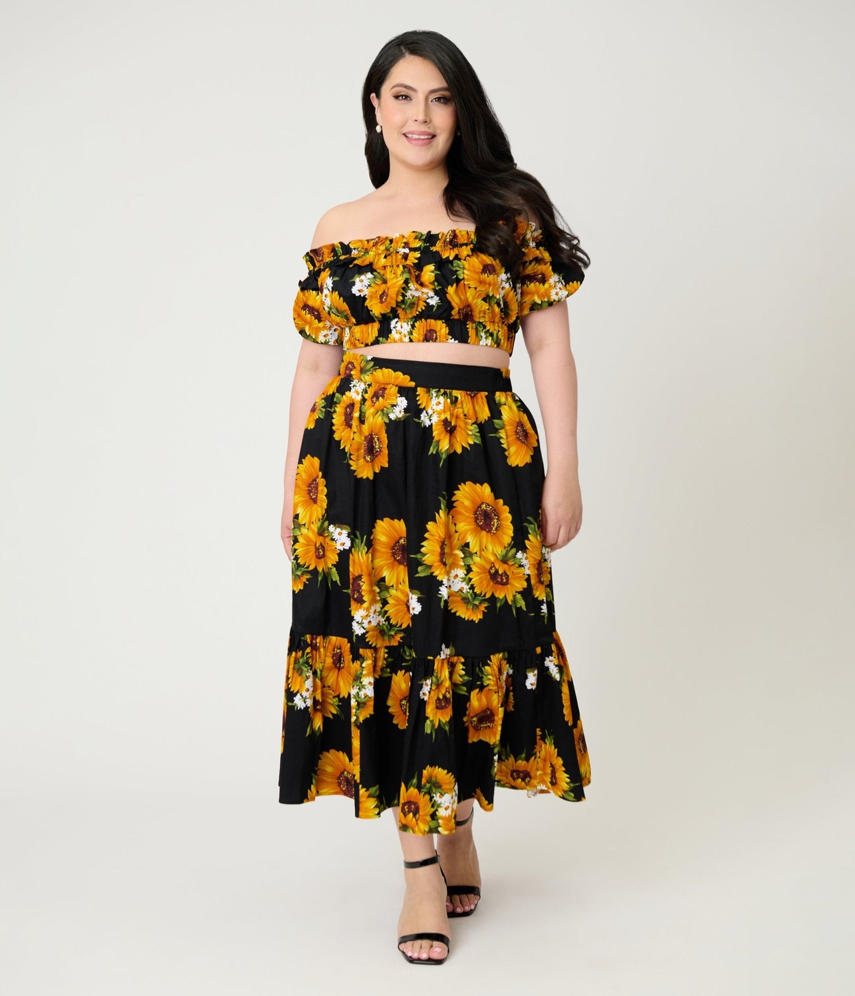 Unique Vintage Plus Size Black Sunflower Ruffle Up Crop Top - Unique Vintage - Womens, TOPS, WOVEN TOPS