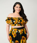 Unique Vintage Plus Size Black Sunflower Ruffle Up Crop Top - Unique Vintage - Womens, TOPS, WOVEN TOPS