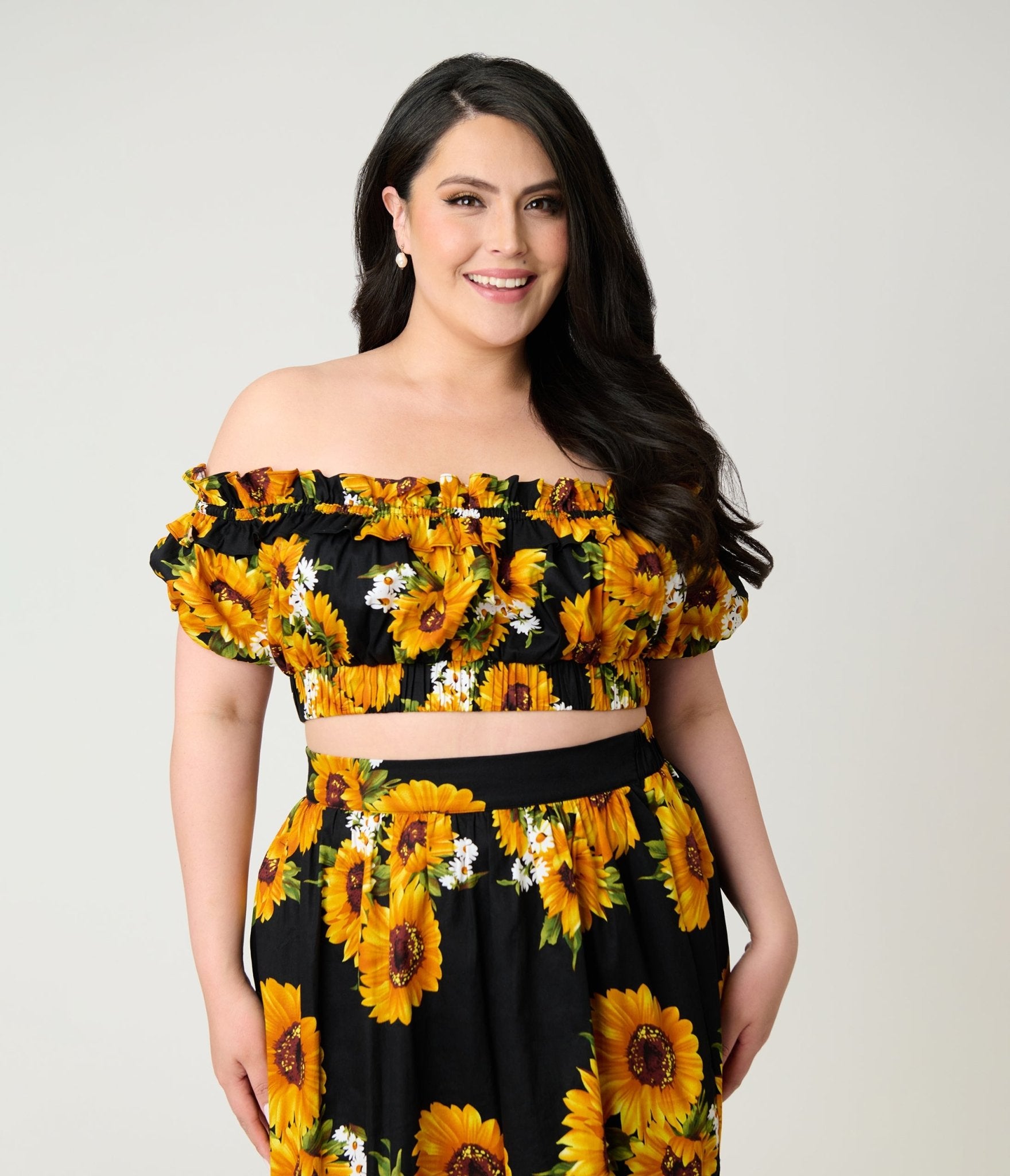 Unique Vintage Plus Size Black Sunflower Ruffle Up Crop Top - Unique Vintage - Womens, TOPS, WOVEN TOPS