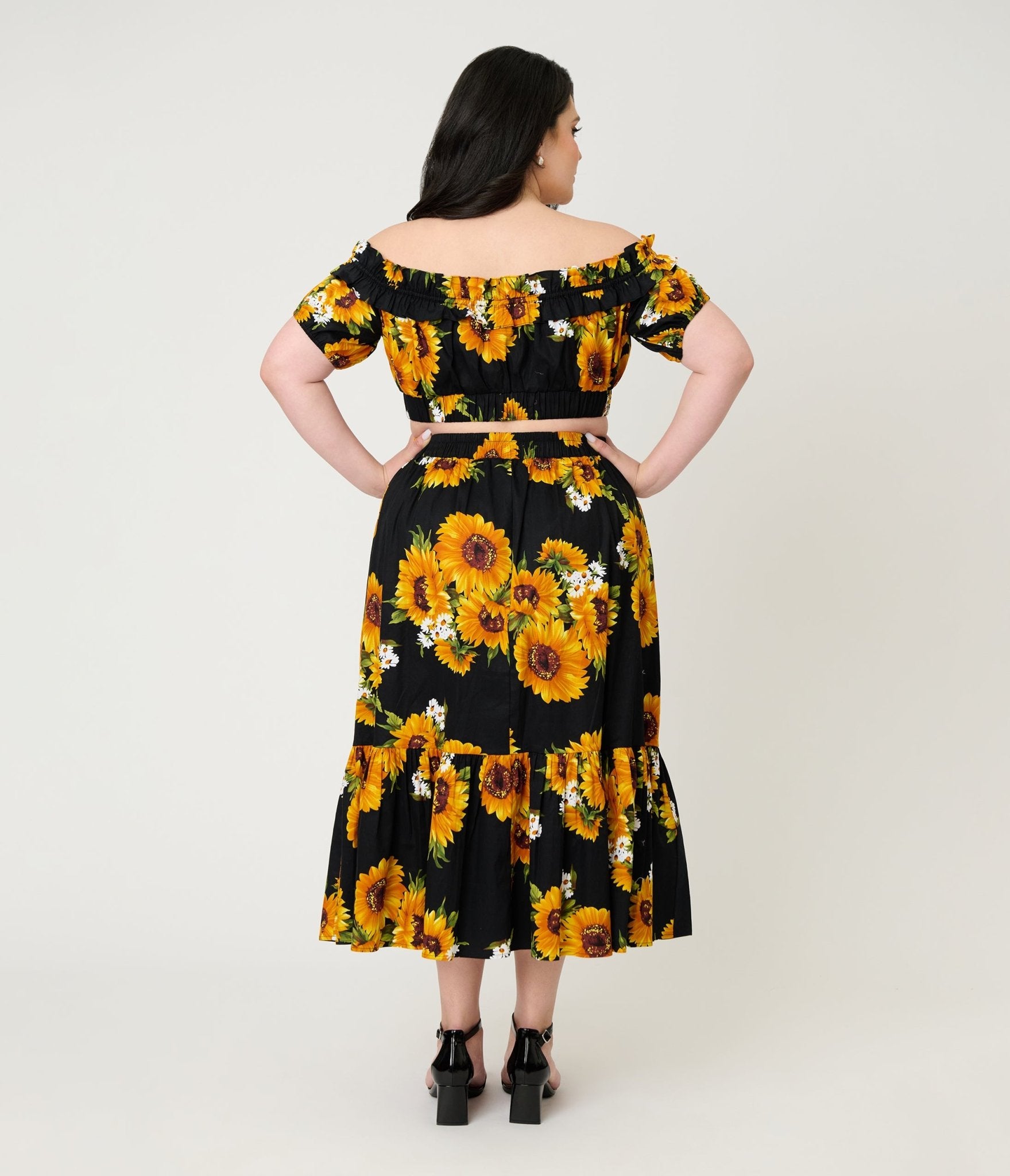 Unique Vintage Plus Size Black Sunflower Tiered Midi Skirt - Unique Vintage - Womens, BOTTOMS, SKIRTS