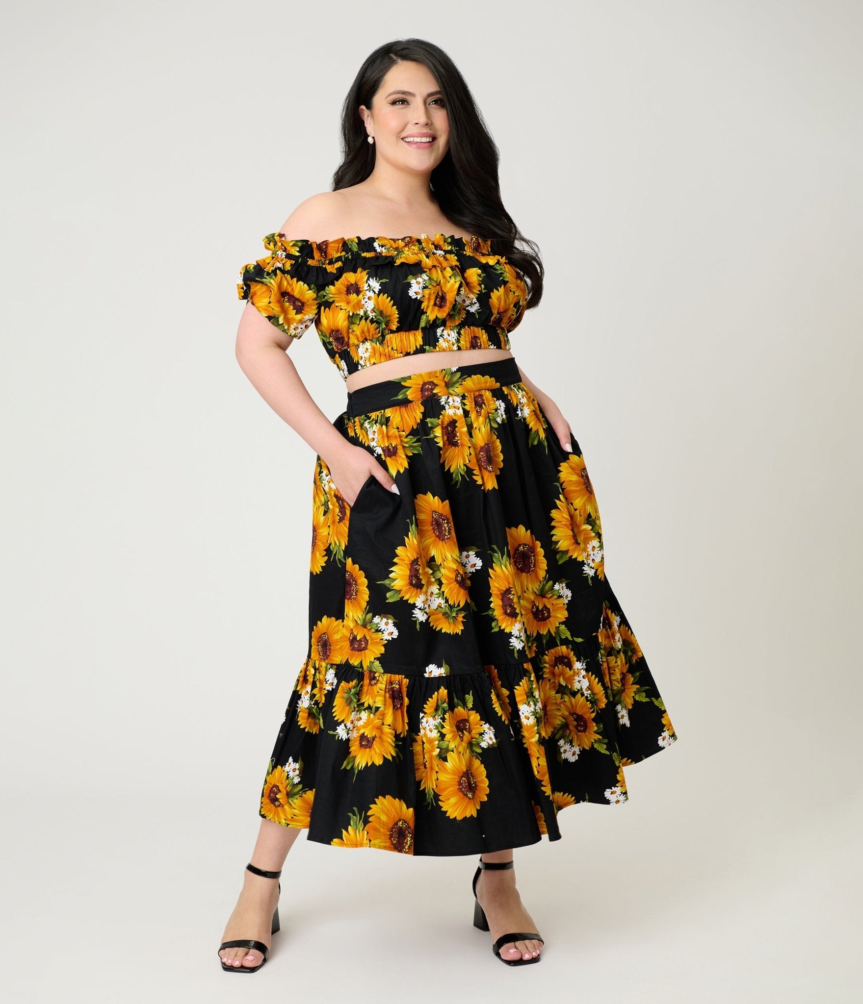 Unique Vintage Plus Size Black Sunflower Tiered Midi Skirt - Unique Vintage - Womens, BOTTOMS, SKIRTS