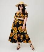 Unique Vintage Plus Size Black Sunflower Tiered Midi Skirt - Unique Vintage - Womens, BOTTOMS, SKIRTS
